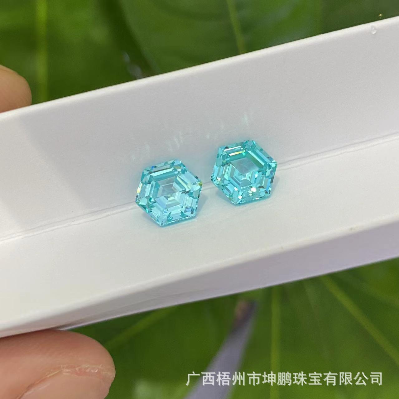 源头厂家霓虹蓝帕拉伊巴碧玺实验室培育蓝宝石湖水蓝六边形裸石