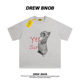 DREWBNOB美式潮牌敬礼猫咪趣味印花短袖t恤男女情侣装宽松半袖ins