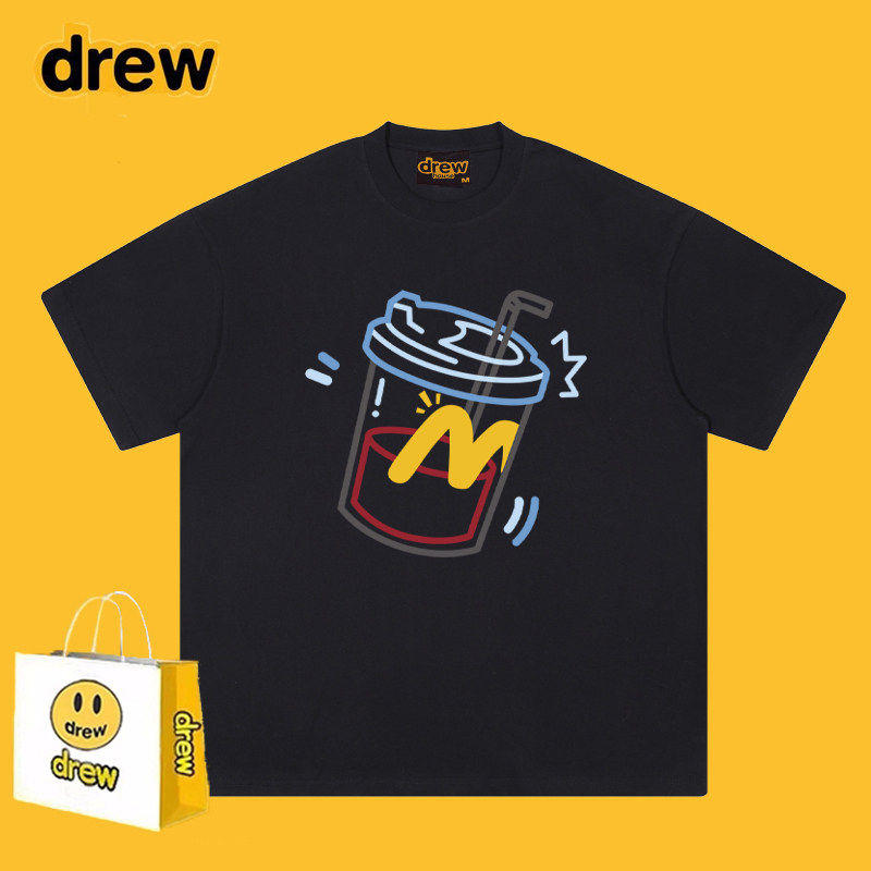 Drew美式复古线条可乐印花重磅短袖T恤男女潮牌宽松休闲情侣上衣