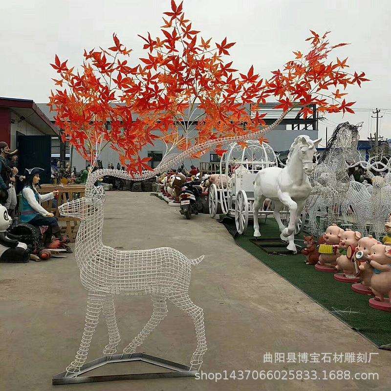 创意金属钢丝鹿铁艺网格立体枫叶鹿角镂空小鹿摆件现货厂家
