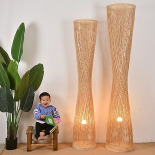 竹林三逸小孩童读书灯侘寂风竹编竹艺落地灯民宿客厅卧室沙发旁边