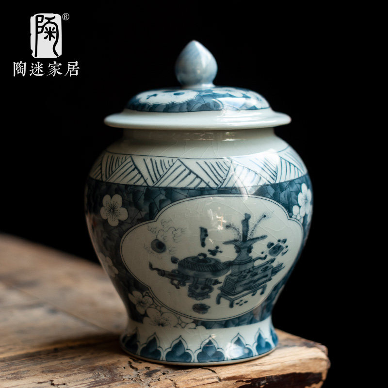 陶迷青花瓷茶叶罐家用防潮储茶罐普洱茶密封罐复古开片大号茶仓