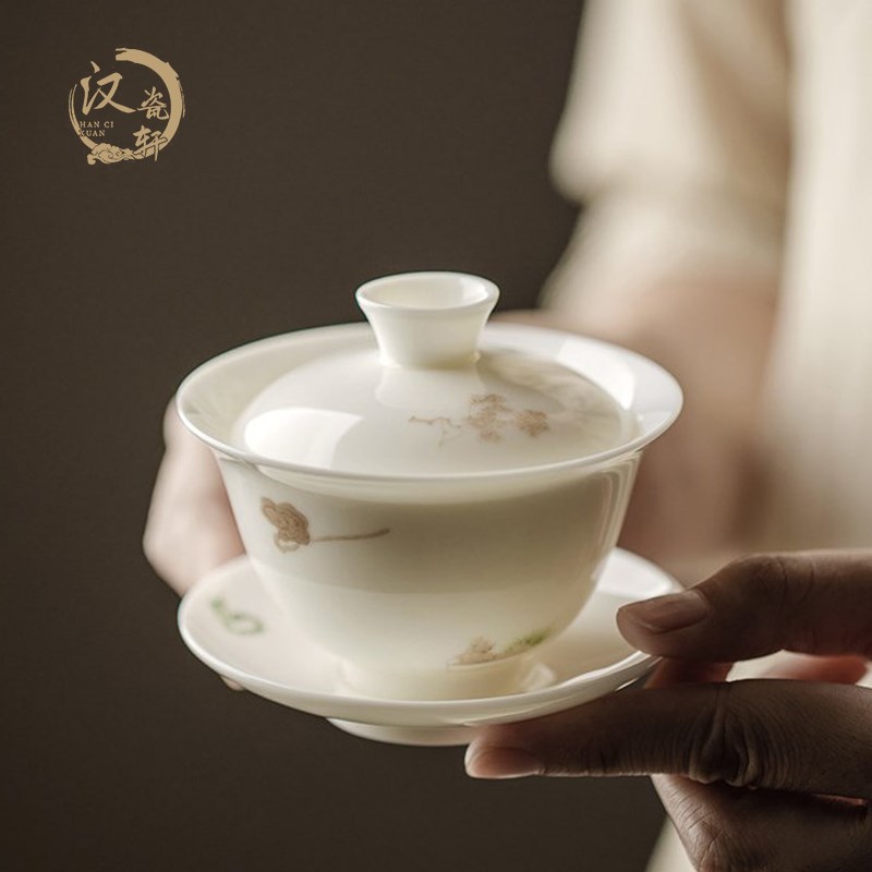 纯手工三才盖碗茶杯羊脂玉白瓷单个薄胎陶瓷茶碗功夫茶具套装泡茶