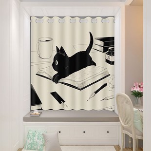 窗帘卧室遮光2022新款 窗帘卡通女孩猫咪学生宿舍出租房免打孔安装