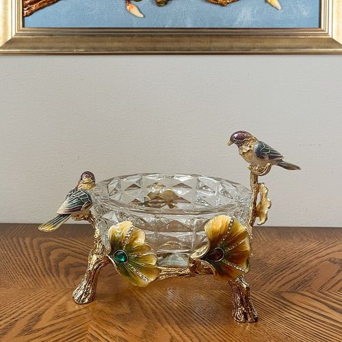 珐琅彩银杏叶水晶玻璃水果盘客厅茶几烟灰缸欧式创意家居装饰摆件