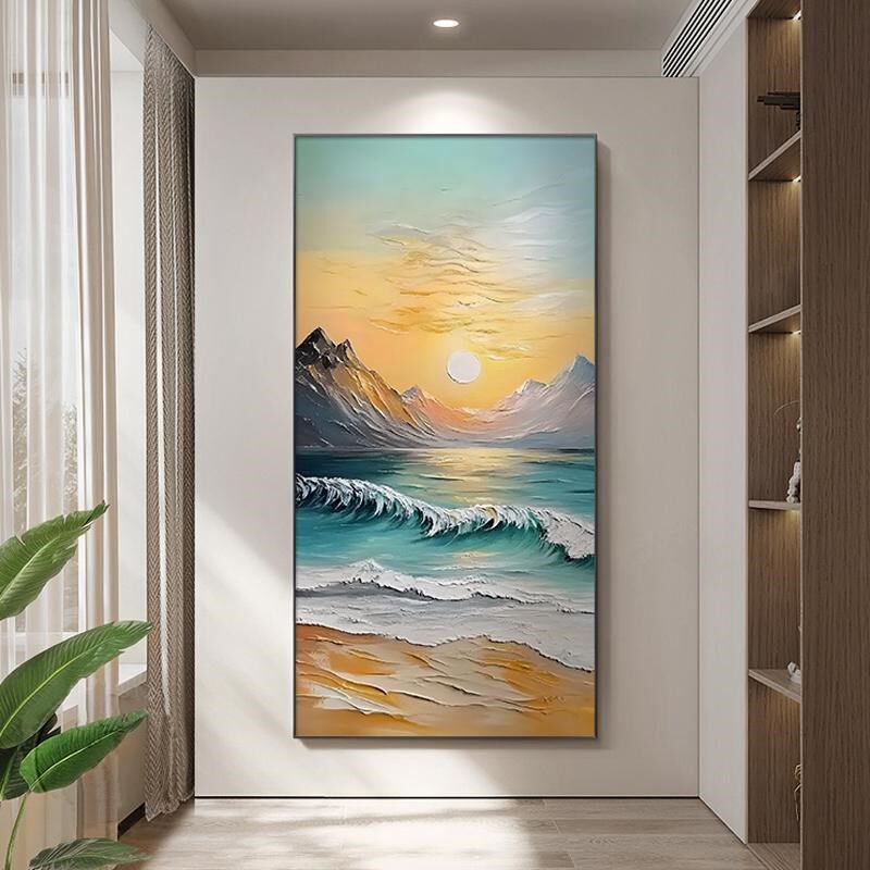 日照金山入户玄关装饰画海浪风景正对门挂画日出过道走廊餐厅壁画