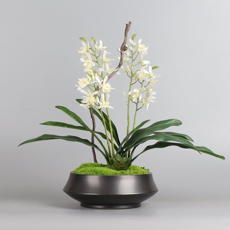 中式永生苔藓仿真蕙兰绿植盆景茶室茶楼玄关茶几花架博古架摆件