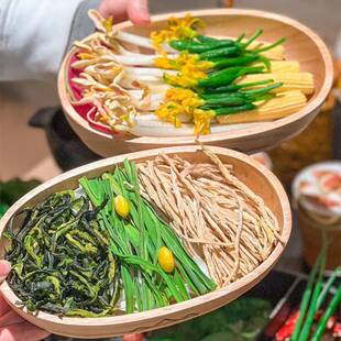 山缓缓三出山火锅同款餐具蔬菜三脆拼盘金针菇菌类彷木纹船型盘