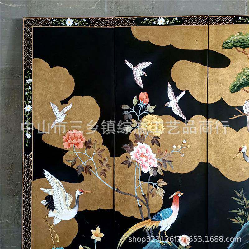 金箔彩云仙鹤手绘屏风中式客厅移动折屏办公室会议室酒店高端屏风