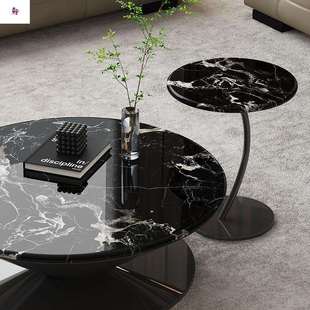 意大式理石圆形茶几纯天然黑玫瑰奢石茶几组合家用小户型飞碟茶几