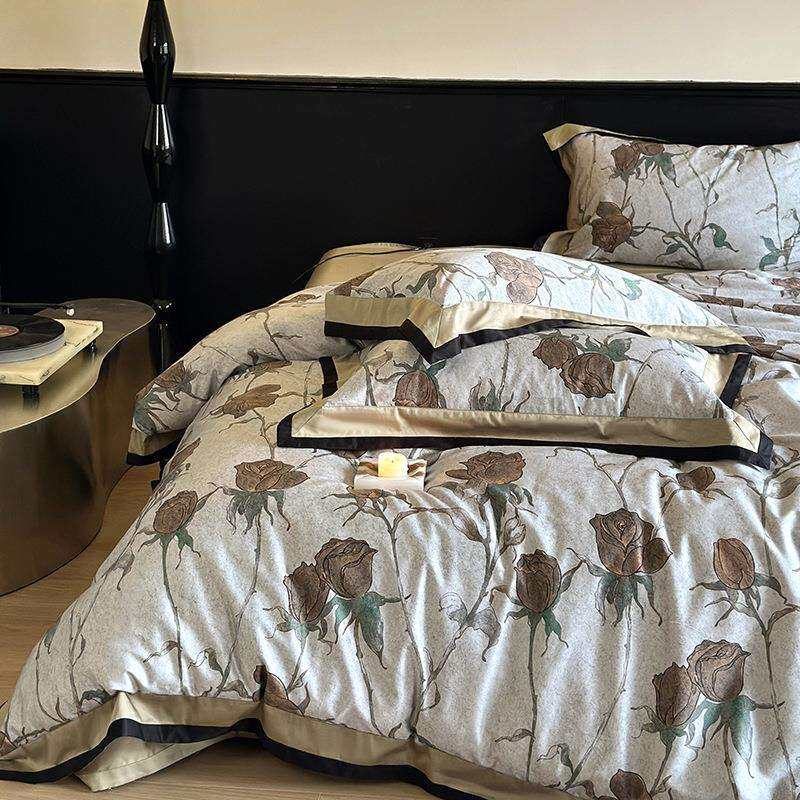 北欧风情复古印花100s长绒棉四件套全棉轻奢玫瑰床单被套床上用品