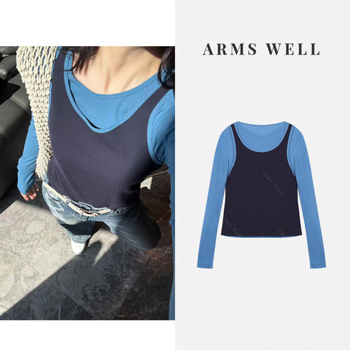 ARMS WELL王囡囡 孔雀蓝长袖背心真两件圆领T恤 L146