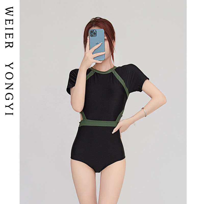 泳衣女夏2021新款爆款性感连体短袖遮肚显瘦保守学生泡温泉游泳装