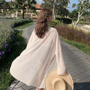 米色沙滩度假比基尼泳衣外搭显瘦遮阳罩衫 宽松开衫 长袖 大渔泳衣