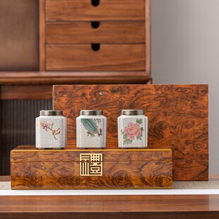 空盒红茶绿茶通用定制 包装 高档汝窑陶瓷小罐3罐装 木质茶叶礼盒装