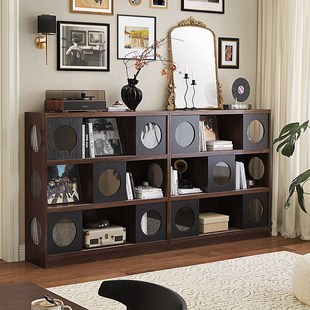 法式复古实木半墙书柜带玻璃门矮书架模块组合客厅黑胶唱片杂志柜