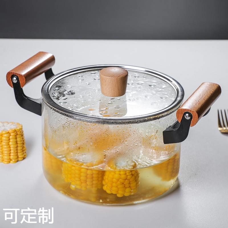 厂家透明玻璃煲汤炖煮锅带盖木把竖纹多款式煮面锅玻璃汤锅