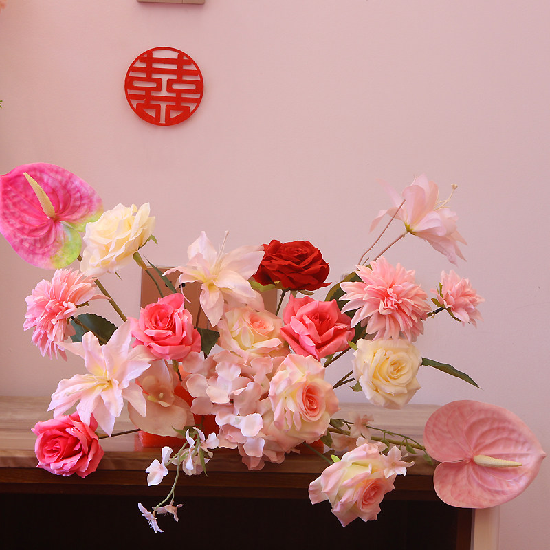 婚房床头柜仿真装饰花摆件结婚布置婚礼主卧室女方新婚房间套装