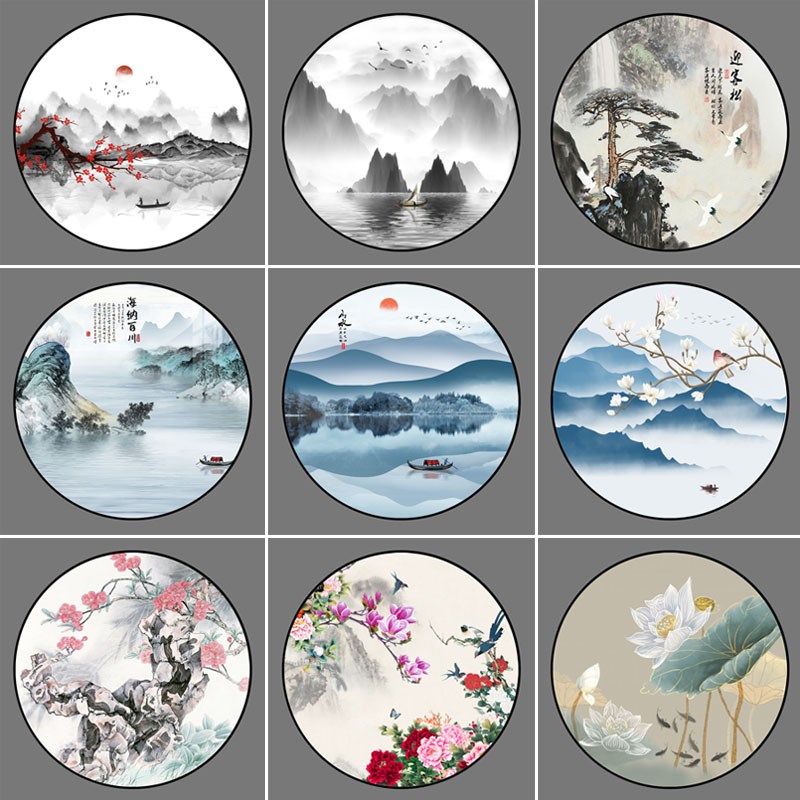 3D定制艺术玻璃圆形弧形屏风客厅玄关入户背景隔断山水墨磨砂透光