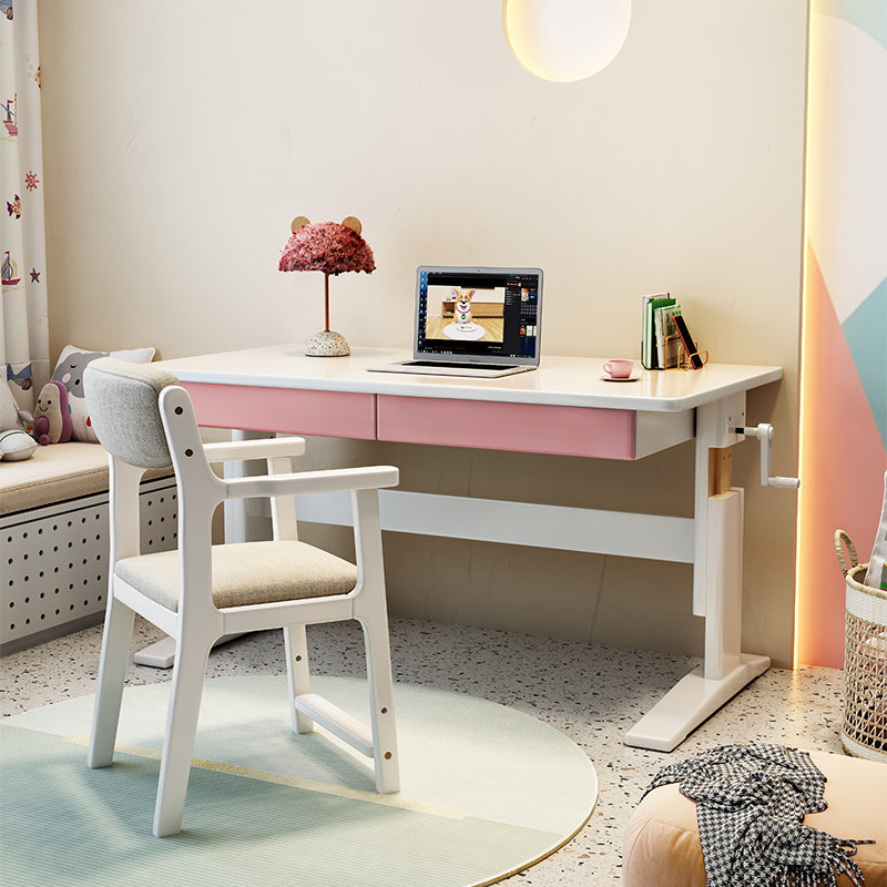 全实木儿童学习桌小学生书桌可手摇升降桌子办公桌家用课桌椅现代