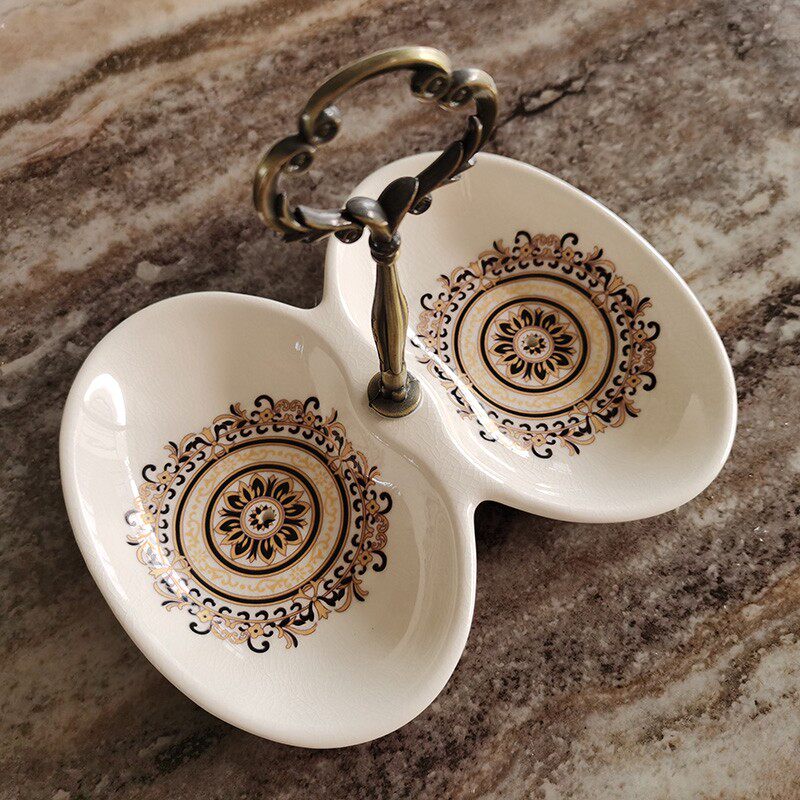 欧式高档陶瓷肥皂碟双格浴室创意铁艺家居香皂盒沥水卫浴装饰摆件