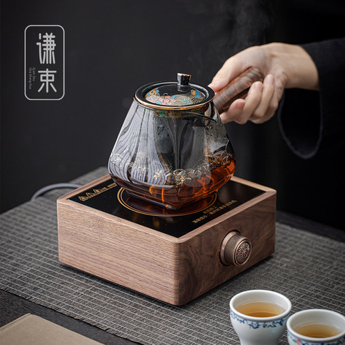 谦束胡桃木电陶炉煮茶器家用围炉小型茶炉功夫茶具商用玻璃煮茶壶