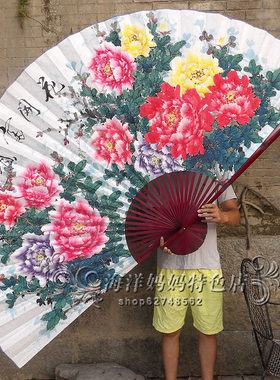 超大挂扇子餐厅沙发背景墙面装饰中国风个性创意牡丹图壁画花开富