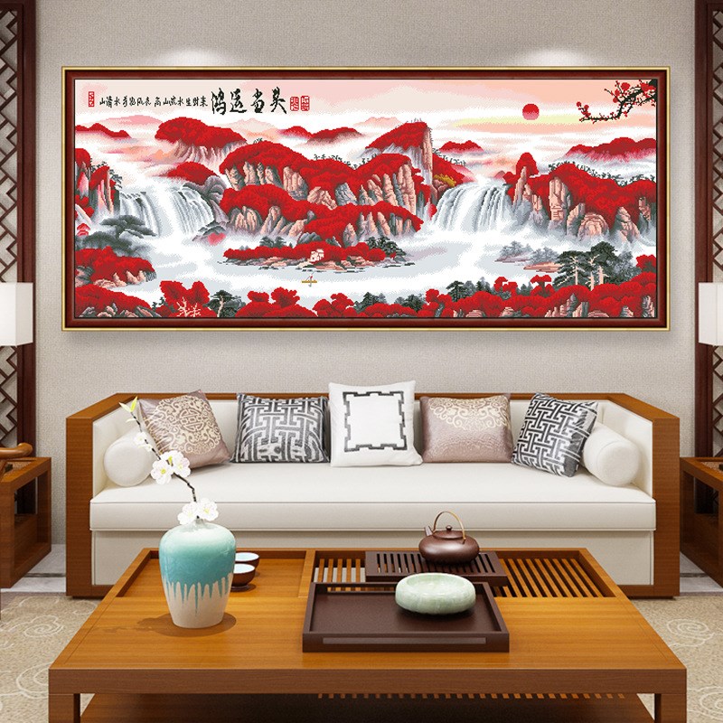 满绣珠绣十字水全珠子绣鸿运当头山绣画景风串珠绣圆珠彩珠绣客厅