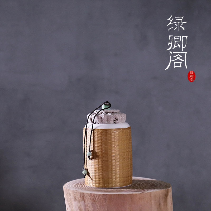瓷胎竹编白瓷茶叶罐竹丝扣瓷绿遗罐竹丝编普储洱存罐手工非茶竹编