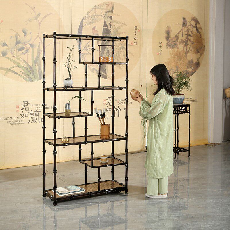 中式复古筇竹手工制竹博古架明式茶叶茶具镂空置示架展物架正反用