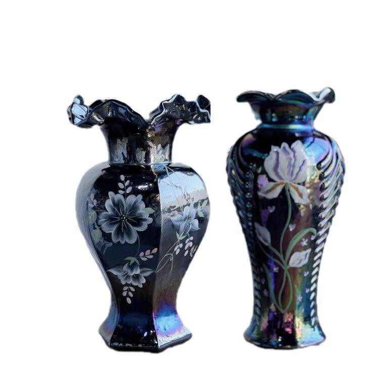 中古芬顿六角羽毛大肚鎏金深色纯手工彩绘琉璃花瓶水养插花器摆件