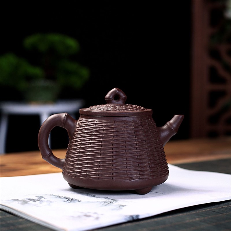 宜兴紫砂壶原矿紫泥竹编石瓢壶功夫茶具茶壶家用茶具