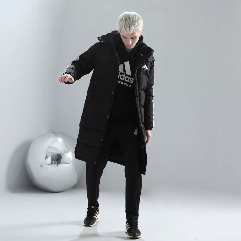 Adidas/阿迪达斯运动风男女连帽长款羽绒服保暖加厚鸭绒黑色外套