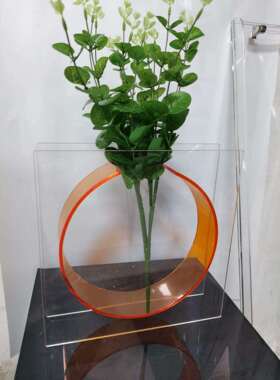 现代轻奢软装装饰家居桌面橙色透明花器摆件O型亚克力落日橙花瓶