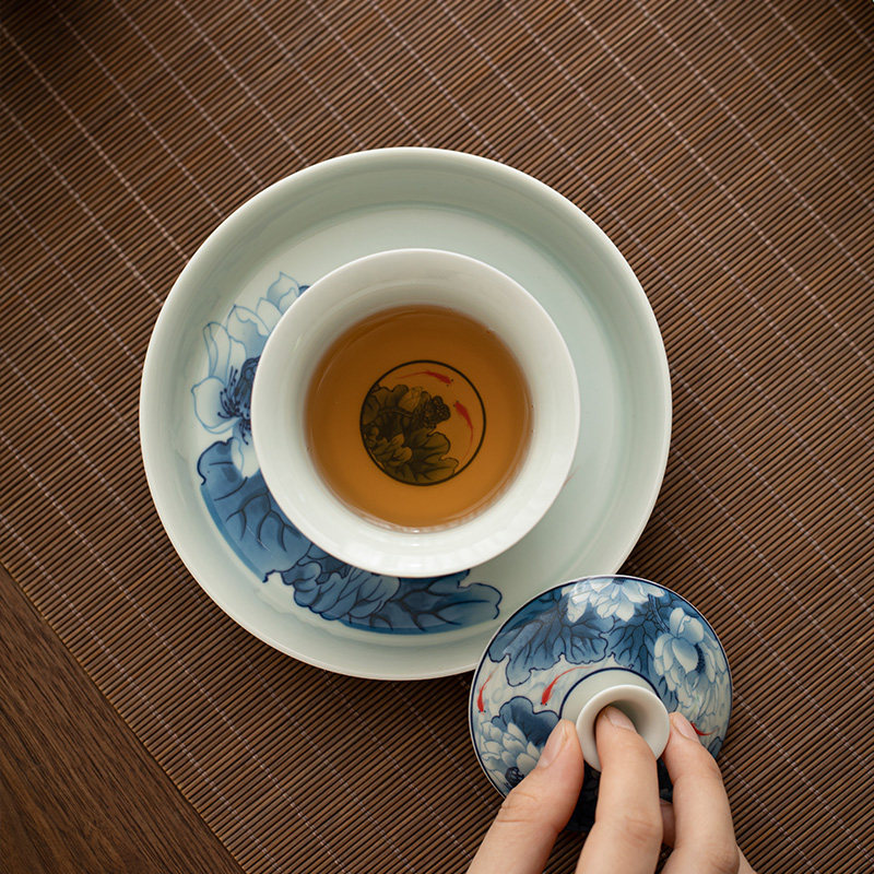 青花瓷釉里红三才盖碗茶杯单个高档陶瓷茶碗手工茶具防烫泡茶