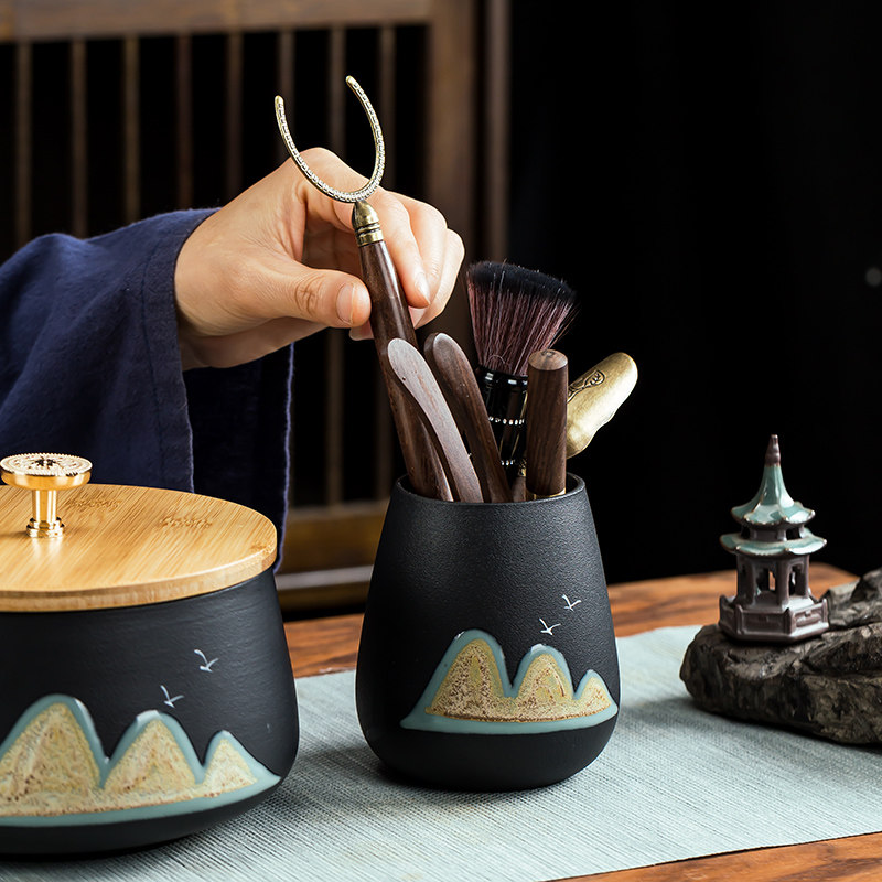 茶洗陶瓷水洗有盖国潮远山笔洗水盂装杯子器皿茶筅容器茶艺茶道配