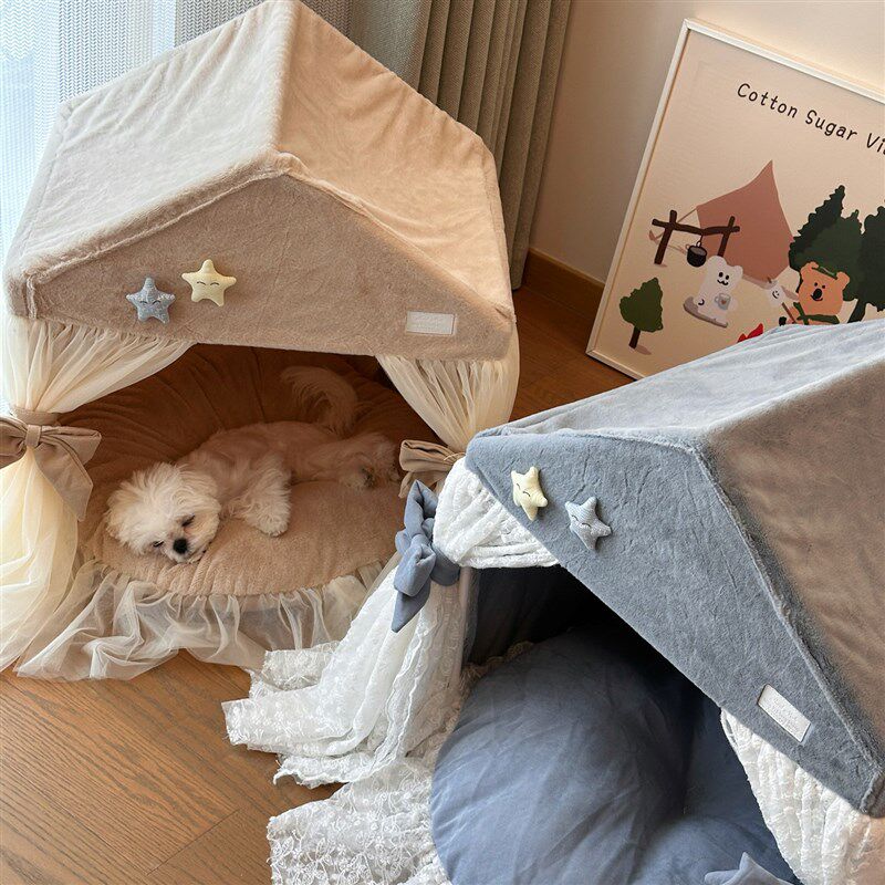 宠物房子公主床蕾丝垫边窝狗猫窝狗床花子帐篷房子可拆洗四季小型