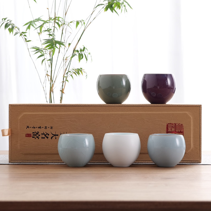 五大名窑茶杯 功夫茶具陶瓷套装 汝窑开片主人单杯品茗杯子礼盒装