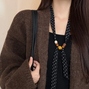 认准高定版 春夏串珠波点丝巾女系脖复古领巾HX 下单立减50