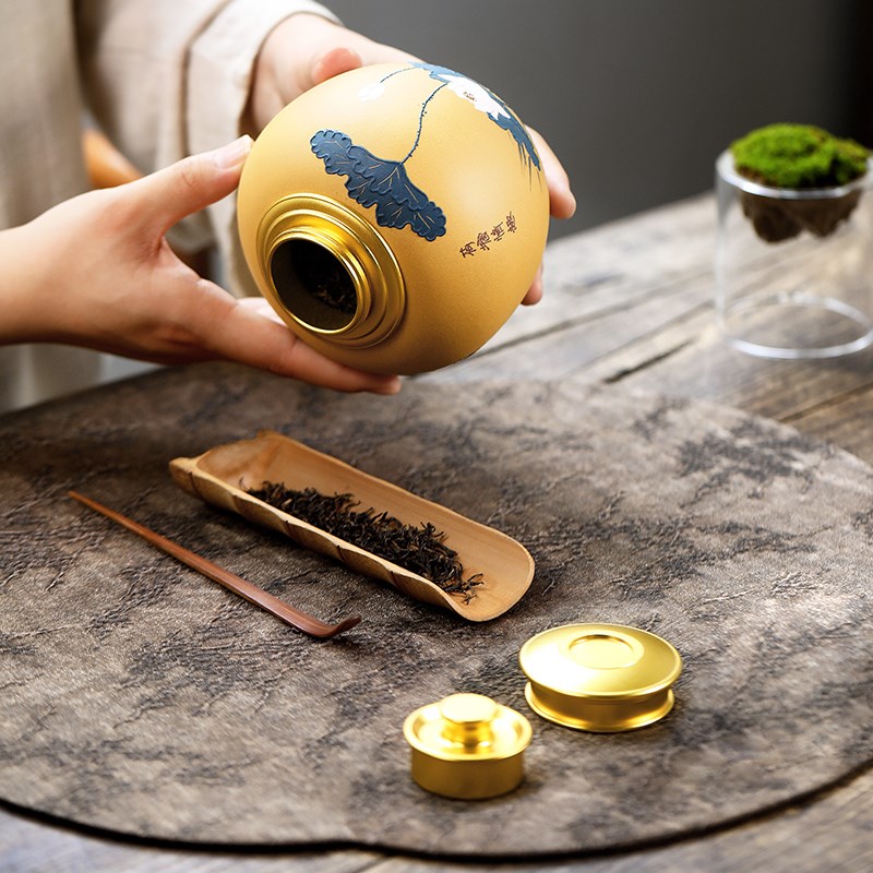 精品 宜兴紫砂茶叶罐泥绘锡盖大号陶瓷密封罐 普洱茶储存罐醒茶罐