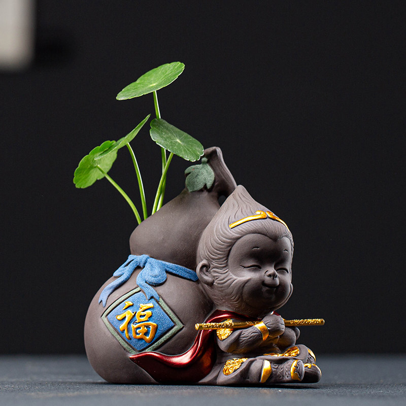精品水培小花器可爱紫砂孙悟空茶宠摆件创意茶具装饰迷你花瓶