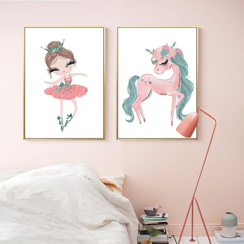 儿童房装饰画卧室床头壁间女孩房通挂画孩子粉红色少女公主房卡画