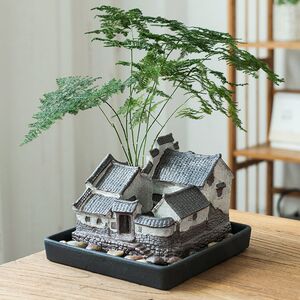 创缸江南微派房子花竹陶瓷文盆富贵竹鱼意造景器皿家居装饰小摆件