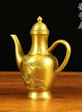 铜壶松鹤延年酒壶工艺品摆壶纯件餐厅酒铜宴会家居婚庆铜酒壶铜器