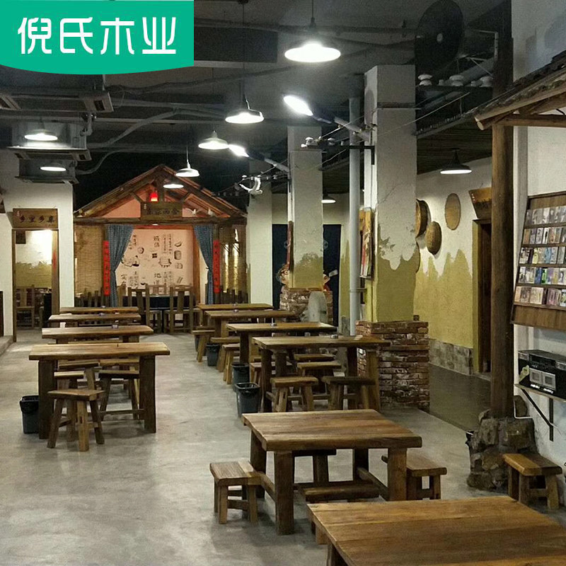 老榆木门板茶桌复原餐桌怀旧木板化木茶台风古民宿饭店桌椅老木头