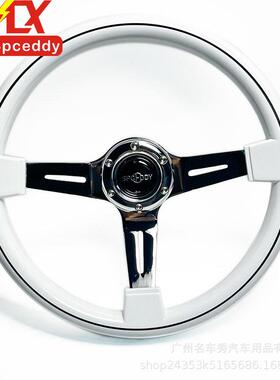 Spceddy14寸白色黑线ABS汽车改装电镀中凹方向盘通用竞技转向盘