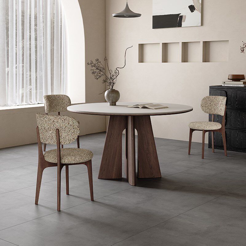 北欧岩板餐桌圆桌白色哑光简约小户型侘寂风胡桃色实木餐桌椅