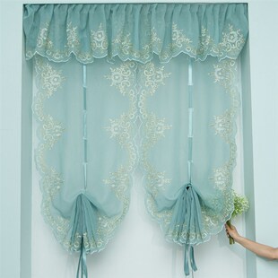 蓝绿色绣花短帘半帘纱 气球帘提拉帘纱帘飘窗罗马帘升降窗帘