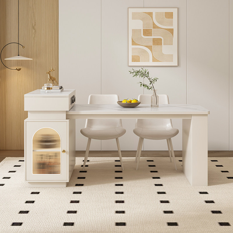 奶油风饭厅岛台餐桌椅组合可伸缩带灯客厅实木岩板吃饭桌子带插座