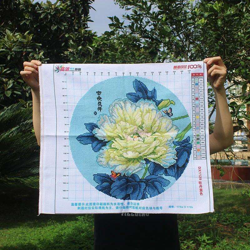绣好的纯手工十字绣成品蓝色牡丹花卉欧式玄关过道小画不带框
